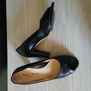 Taryn Rose Black Leather Heels Pumps Open Toe Shoes 37.5 EU/7.5 US Made in Italy